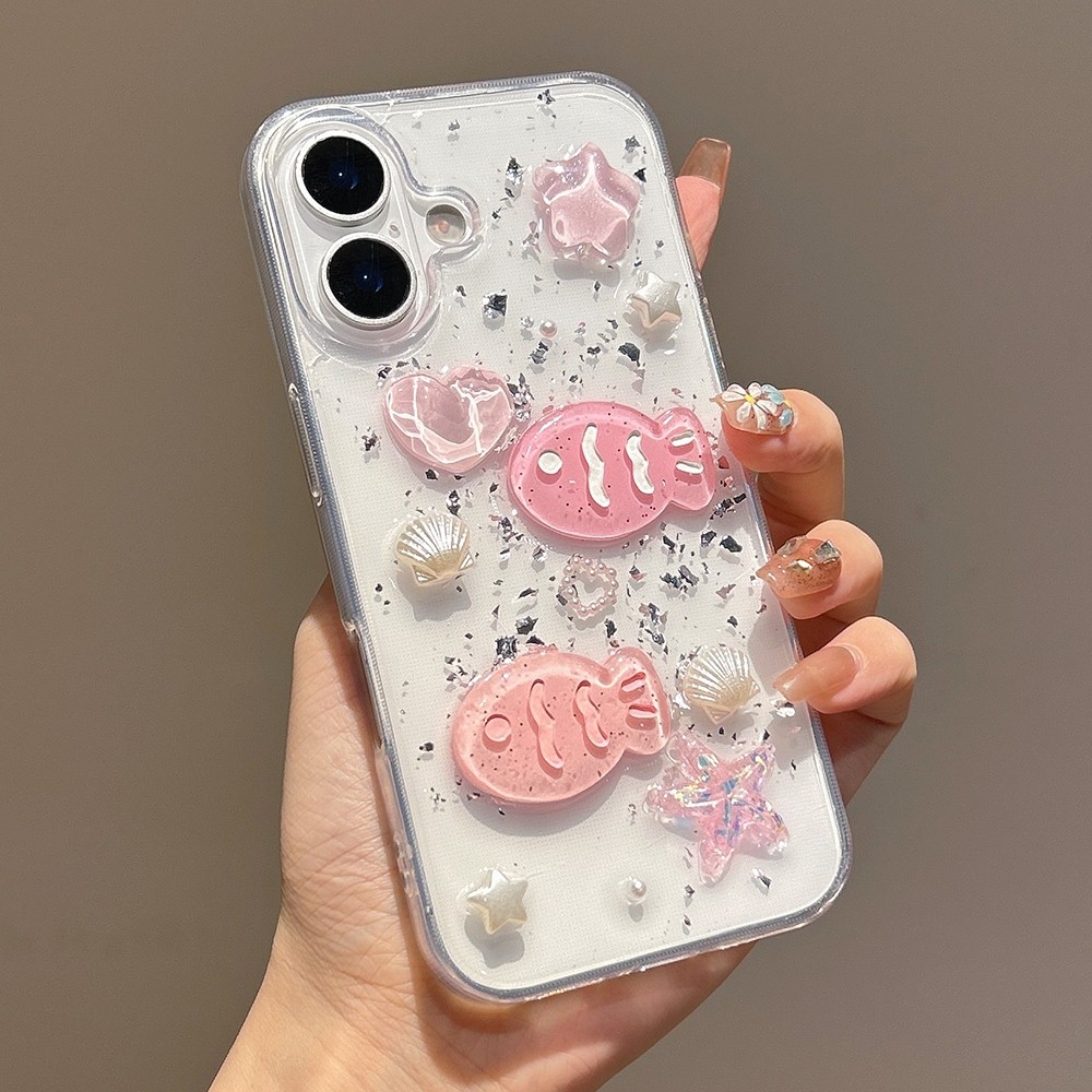 3D Vỏ Hồng Cá Bạc Lá Nhựa Ốp Lưng Điện Thoại iPhone 17 Pro Max 16 15 14 13 12 11 Vỏ Bảo Vệ Chống Sốc