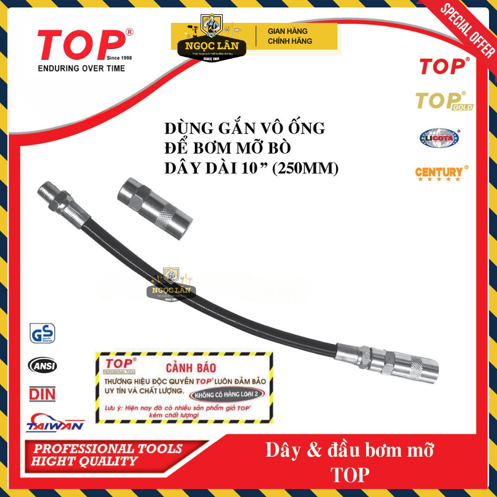[Chính hãng TOP] Dây bơm mỡ mềm TOP 250mm và đầu bơm mỡ Đài Loan cao cấp