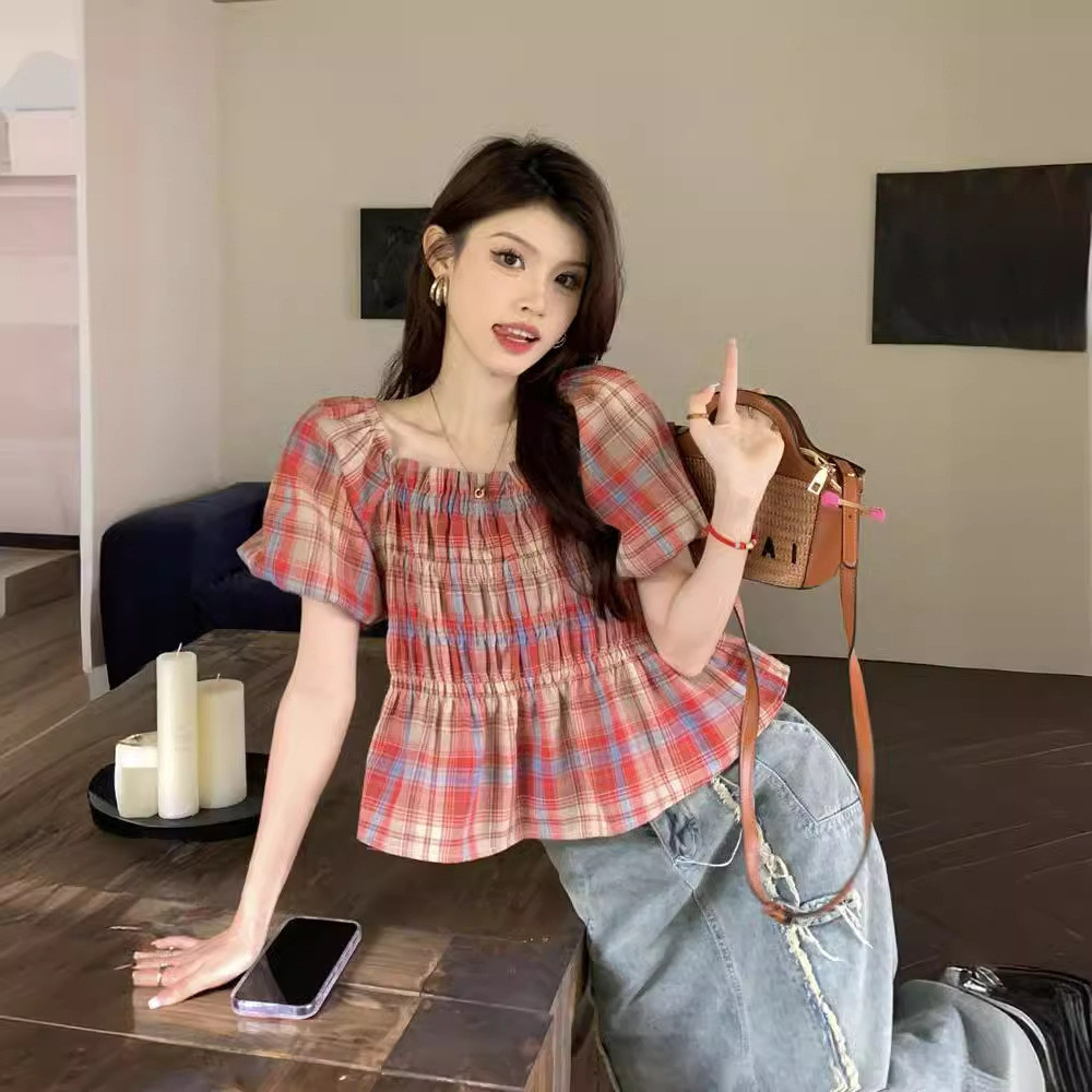 Áo sơ mi hoa đỏ lụa phồng tay ngắn kiểu Hàn Quốc - Vải cotton thoáng mát cho ngày hè