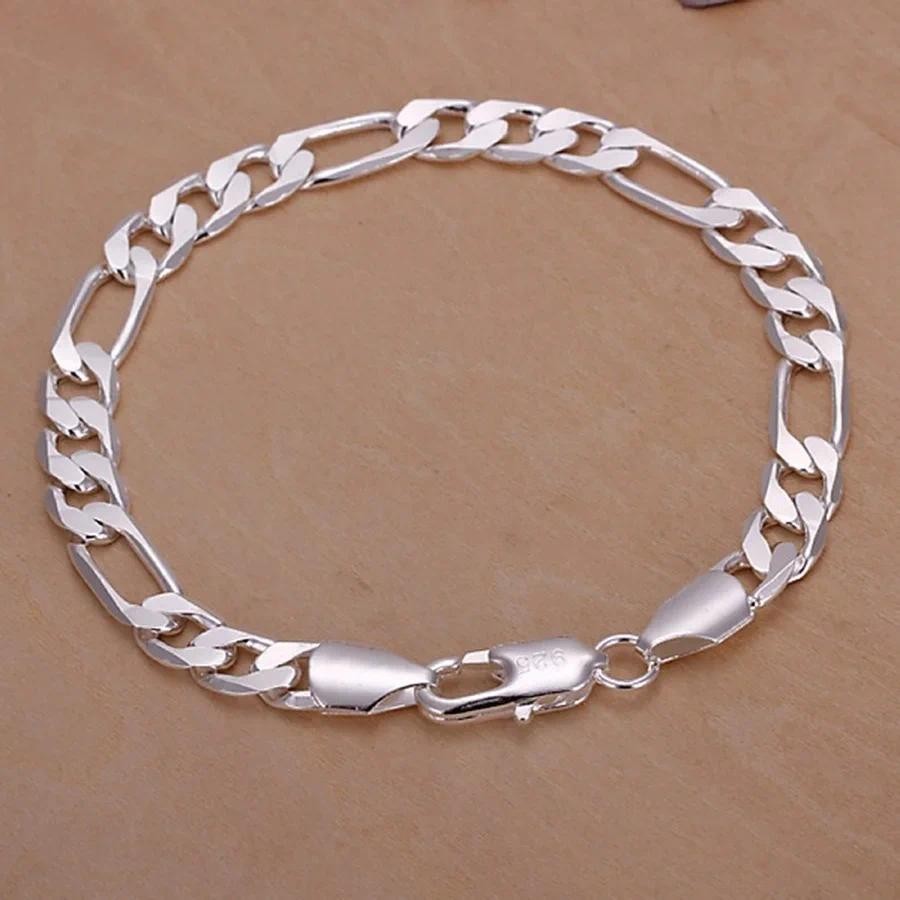Fine 925 Vòng Tay Bạc 6-8 Mm Nam Nữ Dây Xích Cưới Trang Sức Thời Trang Figaro 20cm