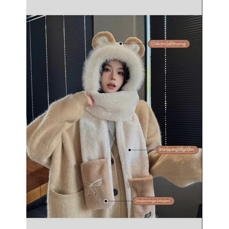 Mũ len lông cừu, mũ trùm đầu gấu nơ kèm khăn quàng cổ và găng tay, mũ chống lạnh giữ ấm mùa đông