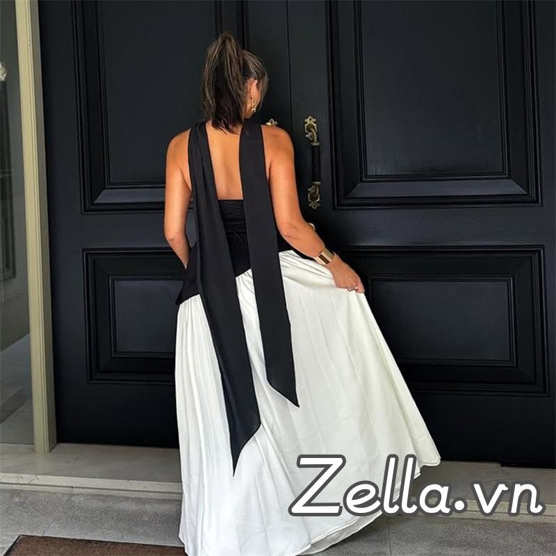 Đầm ống chảy màu sắc đối lập với viền xẻ sâu và kèm khăn quàng cổ