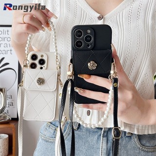 Dành Cho iPhone 15 14 Plus X XR XS 11 13 Pro Max 12 Pro 12 13 Mini 7 8 6 6s Plus SE Hộp Đựng Thẻ Vỏ Điện Thoại 3D Kim Loại Camilla Túi Đựng Thẻ Ví Ngọc Trai Dây Đeo Ngang Vỏ Điện Thoại