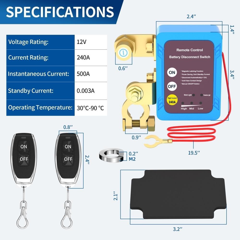 Công tắc cắt pin FANIELLAPOWELL, Phụ kiện ô tô Công tắc ngắt kết nối pin 12V, 240A bền bỉ với công tắc điều khiển ô tô điều khiển từ xa