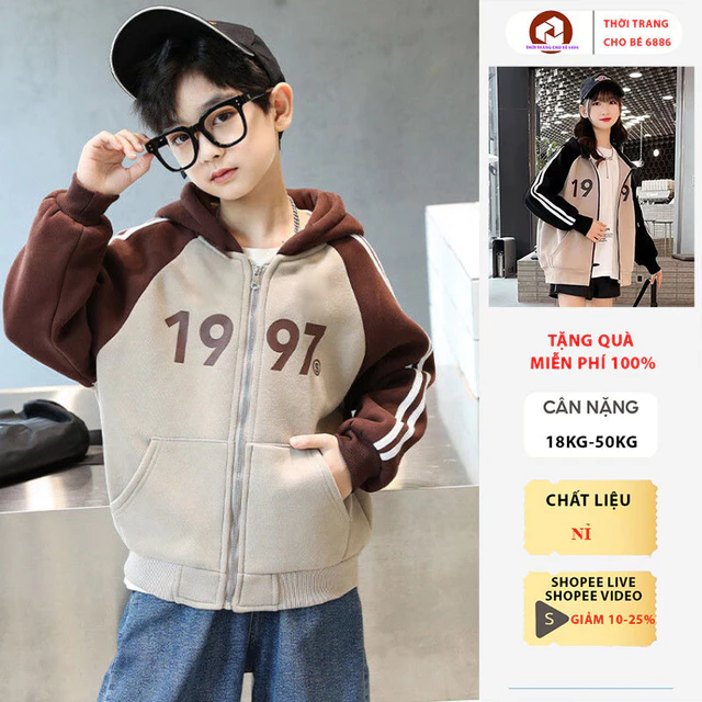 Áo khoác bé trai bé gái, áo khoác trẻ em mẫu 1997, áo thu đông nam nữ size 18-52kg chất nỉ dày dặn, áo khoác nỉ cho bé