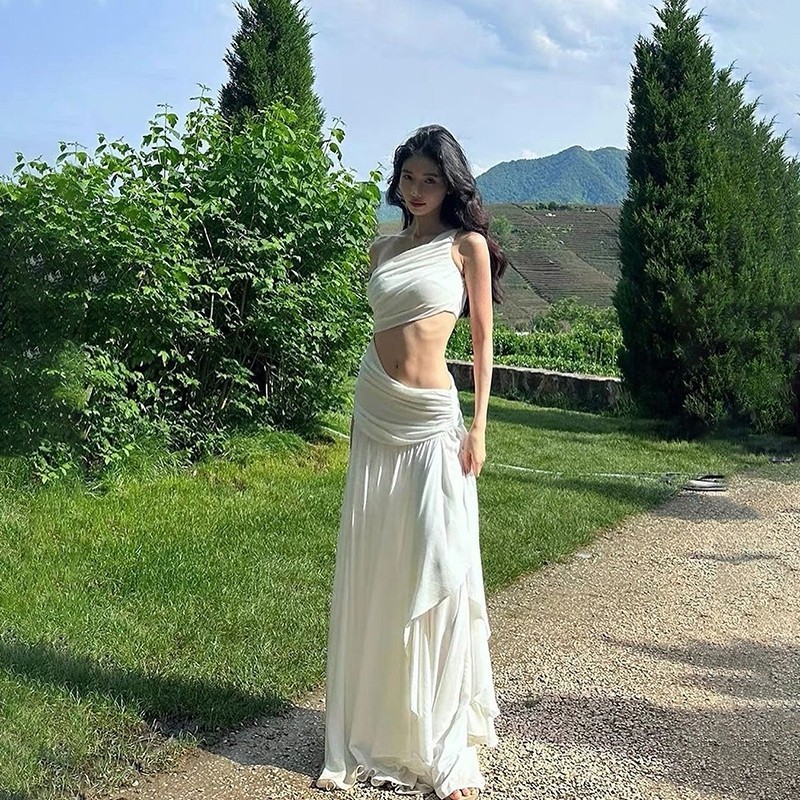 Cutenew Váy Maxi thanh lịch dành cho nữ mùa hè lệch vai không tay cắt váy dài đi biển
