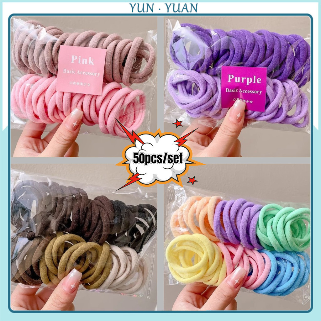 [Yunyuan] 50 Cái / bộ Dây Buộc Tóc Nhiều Màu Sắc Dây Buộc Tóc Cao Su Đuôi Ngựa Da Bao Khăn Vòng
