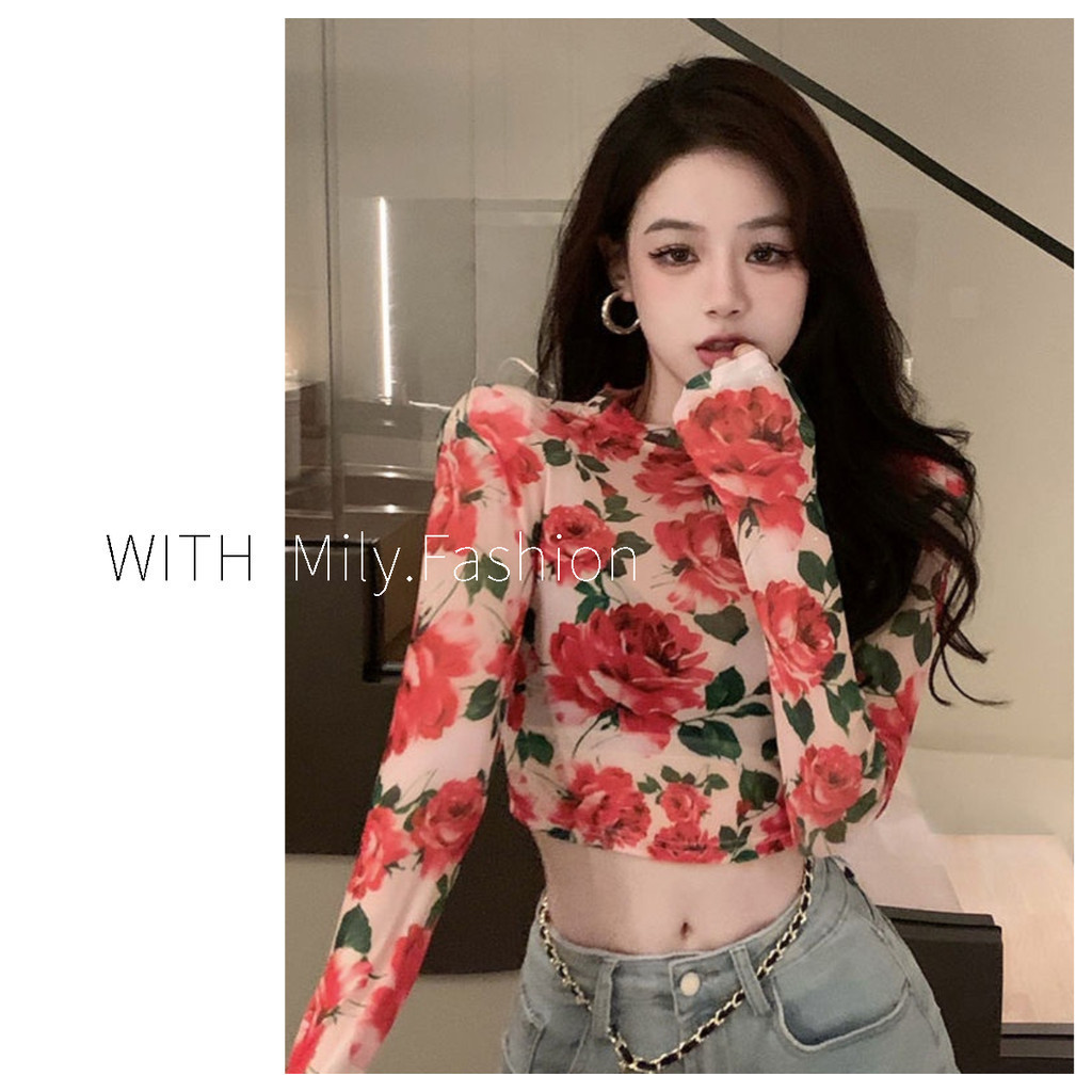 Milyfashion Retro Hoa Hồng In Gạc Ngắn Rốn lộ Áo thun dài tay cho bé tee xuyên thấu