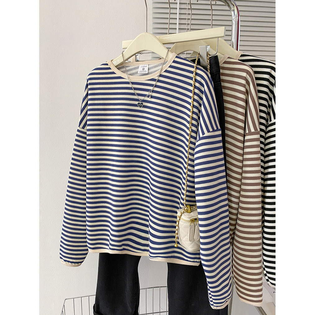 SUXI Cotton Retro Sọc Rời Thu Đông Mới Cổ Tròn Dài Tay Áo 240809