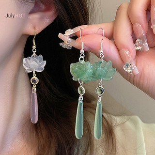 Julyhot 1 Cặp Phong Cách Trung Hoa Sen Mặt Dây Chuyền sel Bông Tai Nữ Cô Gái Cổ Điển Retro Thanh Lịch Dài Thả Bông Tai Trang Sức Quà Tặng Massivedeals