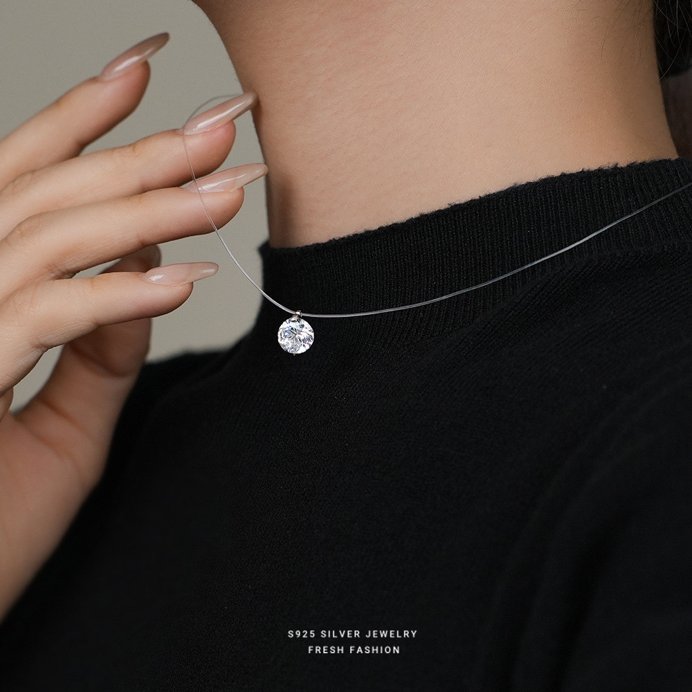 Bản đầy đủ: Vòng cổ dây trong suốt đính đá Zircon tròn, trang sức cổ nữ đồng mạ điện phong cách tối giản làm quà tặng
