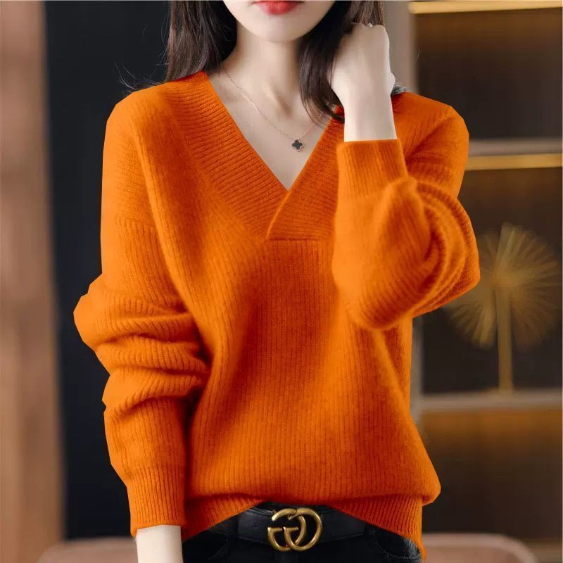 Mặc Bên Ngoài Thu Đông Màu Trơn Cổ Chữ V Áo Len Nữ Rời Ôm Hơn Nhìn Dệt Kim Chui Đầu