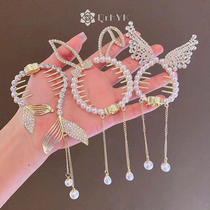 Qrhyk Thanh Lịch Móng Vuốt Tóc Tóc Đuôi Ngựa Khóa Đuôi Ngựa Ngọc Trai Kim Cương Giả Ngọc Trai sel Kẹp Tóc Mũ Đội Đầu Mới
