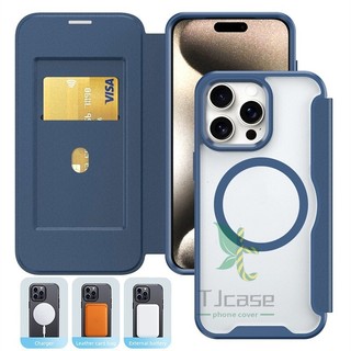 Ví từ tính Flip Case Iphone 16 15 14 13 12 11 Pro Max Giá đỡ thẻ sạc không dây Vỏ màu trơn trong suốt