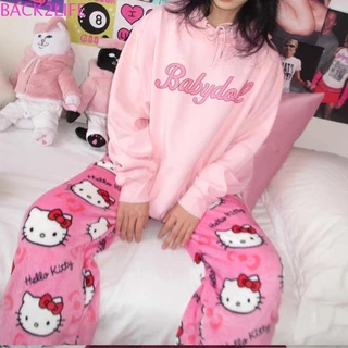 Lưng2 Quần Ngủ Lông Cừu San Hô Co Giãn In Hình Mèo kitty Đáng Yêu