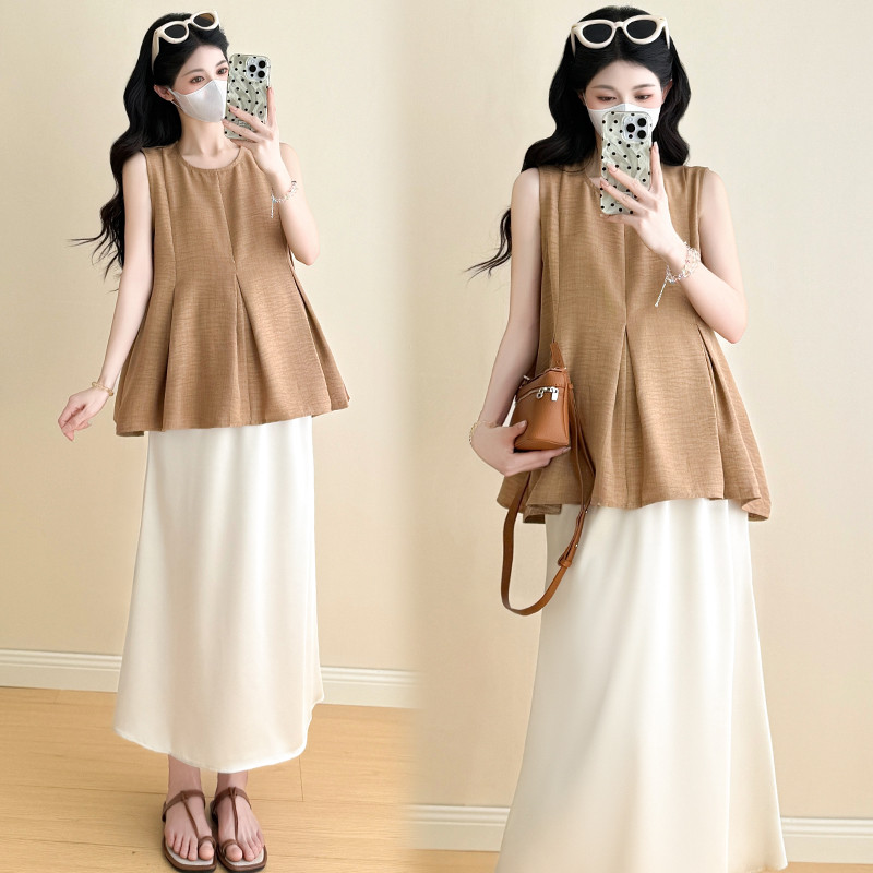 Bộ đồ bà bầu Áo Vest thêu thời trang mùa hè + Váy đuôi cá nâng bụng Bộ đồ hai mảnh