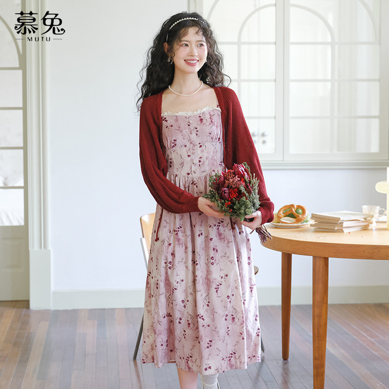 Mutu Pháp Retro Hoa Đầm Nữ Mùa Xuân 2026 Phong Cách Mới Dệt Kim Cardigan Áo Khoác Sling Váy Hai Mảnh Phù Hợp Với