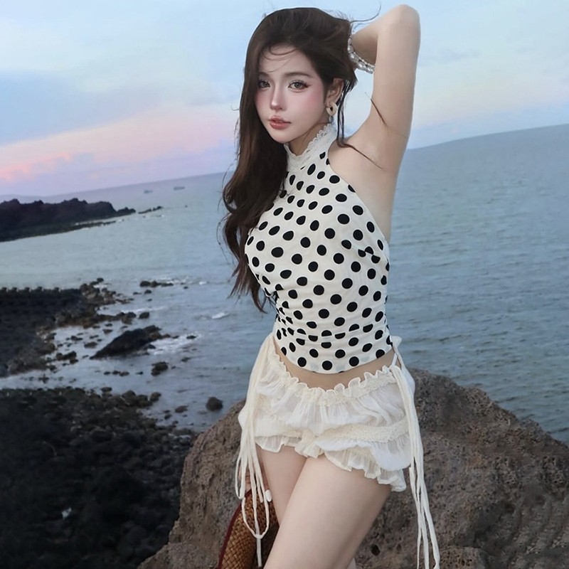 Cutenew Chấm Bi Áo Dây Gợi Cảm Lưng Skinny Cá Tính Niche Nóng Gà Con Nhìn Mỏng Hơn Thời Trang Ngày Lễ Phong Cách Nóng Mới