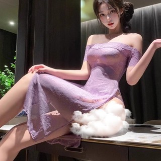 Bộ Đồ Ngủ Nữ Ren Trong Suốt Sườn Xám Màu Tím - Thiết Kế Cao Cấp và Thoải Mái