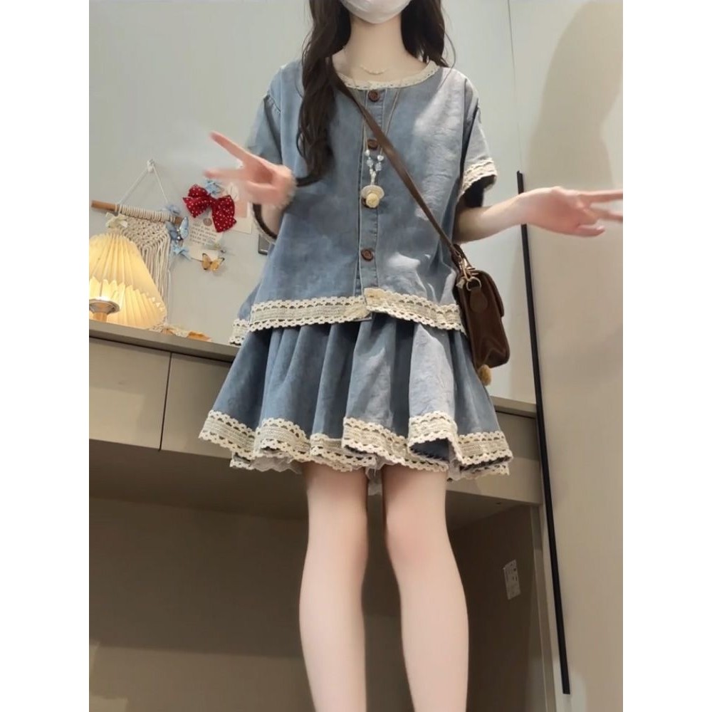 [Yu]Áo denim rộng phối váy denim ren, set hai mảnh phong cách vintage cá tính cho phái đẹp.