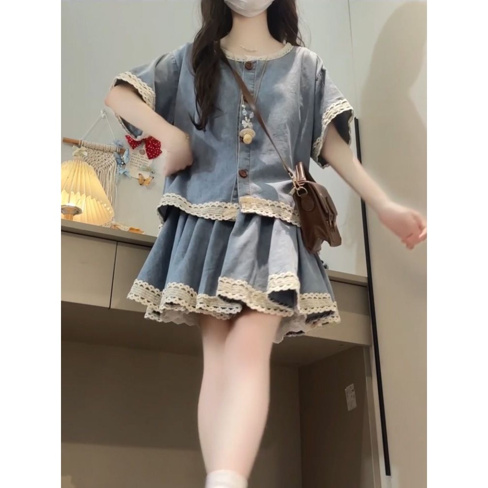 [Yu]Áo denim rộng phối váy denim ren, set hai mảnh phong cách vintage cá tính cho phái đẹp.