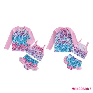 MG-Kids Girl 3 Bộ Đồ Bơi Mùa Hè Cá Quy Mô In Hình Áo hai dây Và Co Giãn Xù Quần Short Che Bộ Đồ Tắm