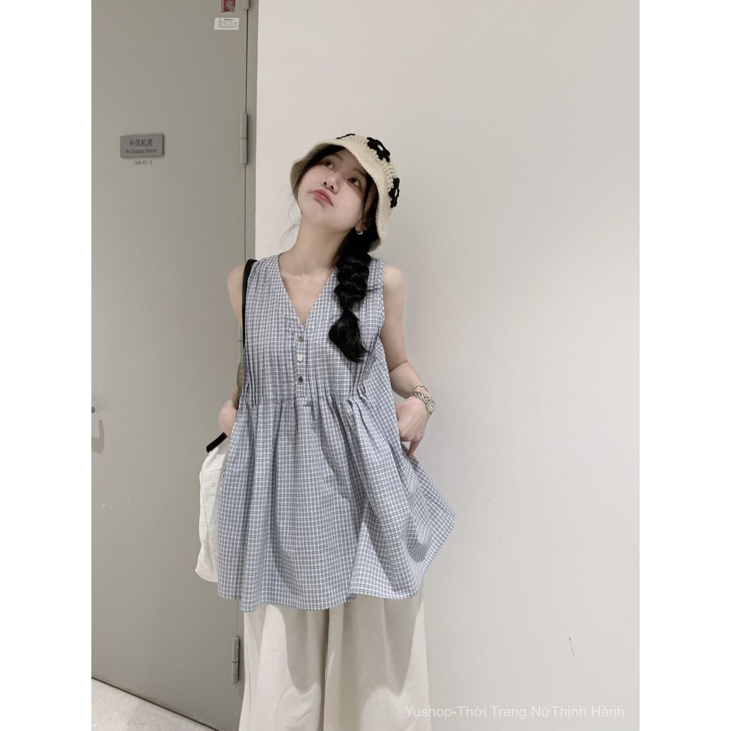 [YU]Bộ vest không tay sọc xanh kiểu Nhật, kết hợp quần ống rộng, thiết kế mát mẻ mùa hè.