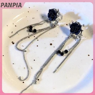 PANPIA-Trang Sức Thời Trang Retro Đen Kim Cương Giả Hoa Hồng Dài Tua Rua Bông Tai Nữ Trang Sức