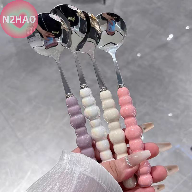 N2hao Ngọc Trai Tay Cầm Thìa Inox Khuấy Thìa Kem Bánh Món Tráng Miệng Thìa Thanh Phụ Kiện Nhà Bếp Đảng Dao Kéo Tiện Ích n