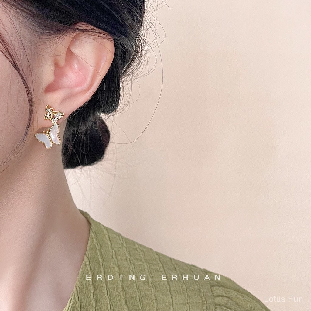 Bông Tai Bướm vỏ sò 14k mạ Zircon kim bạc Hoa tai đi làm thời trang đơn giản khí chất thanh lịch ngọt ngào