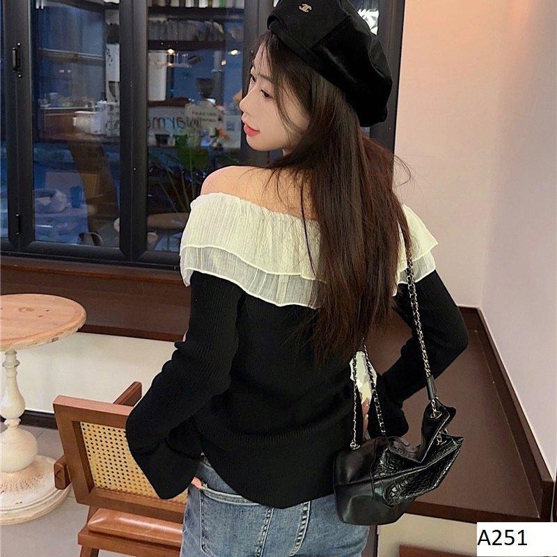Áo Thun Dài Tay Trễ Vai Phối Bèo Tay Loe Nút Ngọc Chất Thun Gân Tăm Phong Cách Hàn Quốc- A299