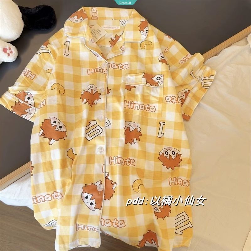 Bóng chuyền Thiếu Niên Checkered Hyuuga Shoyo Bộ Đồ Ngủ Nữ Mùa Hè Mới Tay Ngắn Rời Homewear Phù Hợp Với