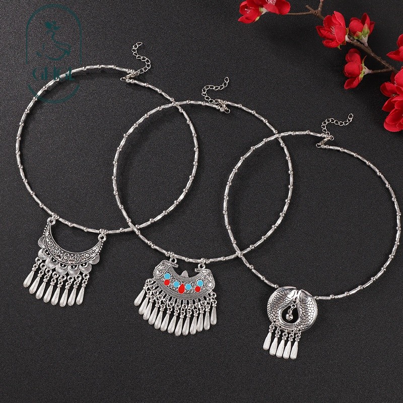 GHGl Hàng Sẵn Có Đa Dạng Handmade Phong Cách Dân Tộc Cổ Retro Hoa Miao Bạc Tua Rua Mặt Dây Chuyền Vòng Cổ Trung Quốc Mới Niche Kỳ Lạ Nữ Xương Đòn Dây Chuyền