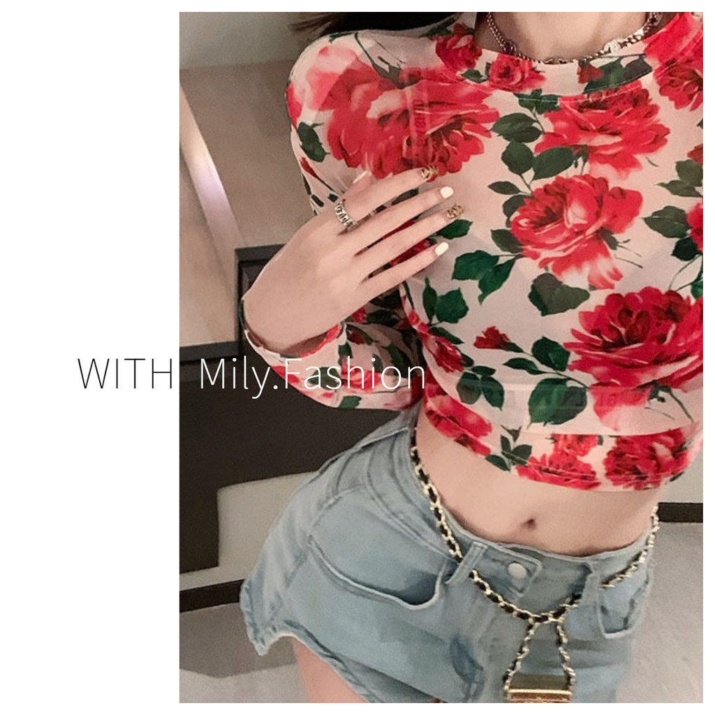 Milyfashion Retro Hoa Hồng In Gạc Ngắn Rốn lộ Áo thun dài tay cho bé tee xuyên thấu