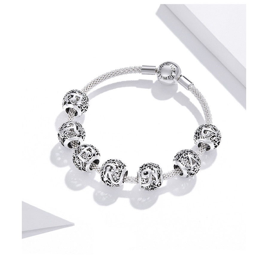 Bamoer Real 925 Bạc Charm Hạt Chữ A ~ Z Mặt Dây Chuyền Cho DIY Vòng Tay Vòng Cổ Phụ Kiện