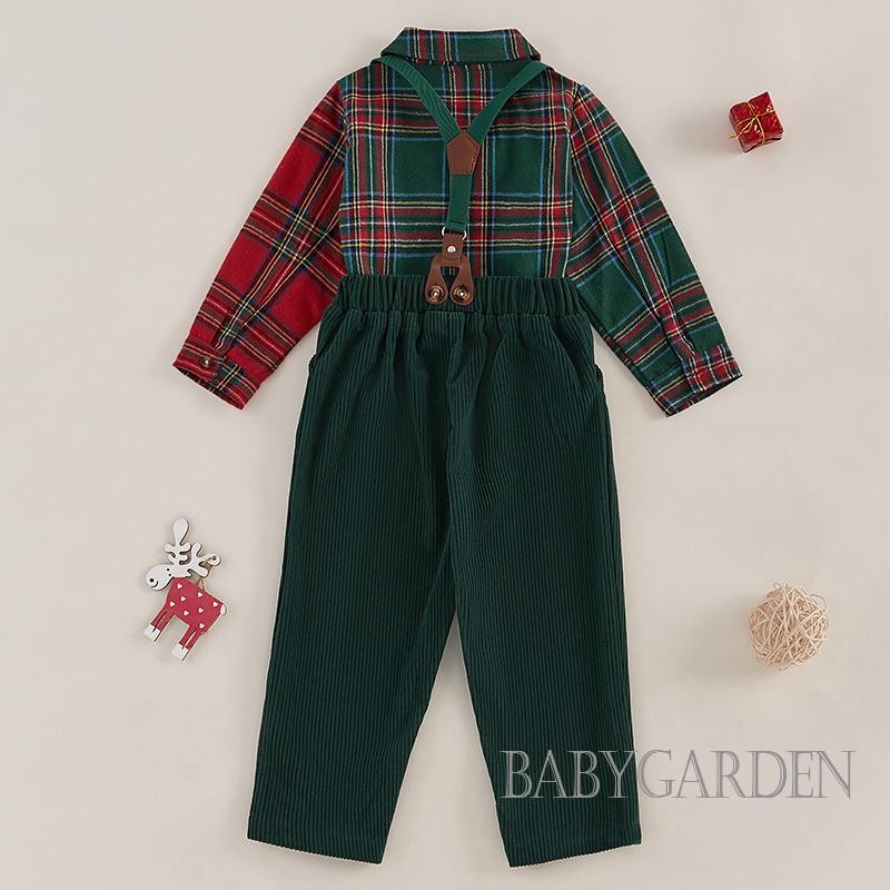 Baga-1-7 Tuổi Trẻ Em Bé Trai Quý Ông Trang Phục Giáng Sinh Kẻ Sọc In Nút Áo Sơ Mi Tay Dài Và Quần Treo Bộ Bé Cho Trang Phục Trang Trọng