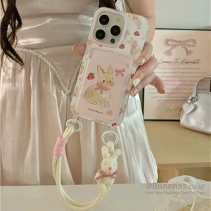 Ốp điện thoại mềm hình thỏ hồng + dây buộc hoạt hình cho iPhone 16 15 14 13 12 11 Pro Max X Xr Xs Max 7 8 Plus SE2020