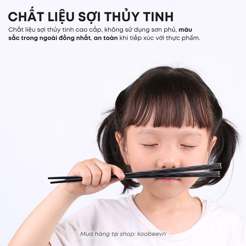 Bộ 5/10 Đôi Đũa Sợi Thủy Tinh Màu Đen Thân Vuông Mạ Bạc Chống Mốc, Chịu Nhiệt, Chống Trơn Trượt KOOBEE | 156