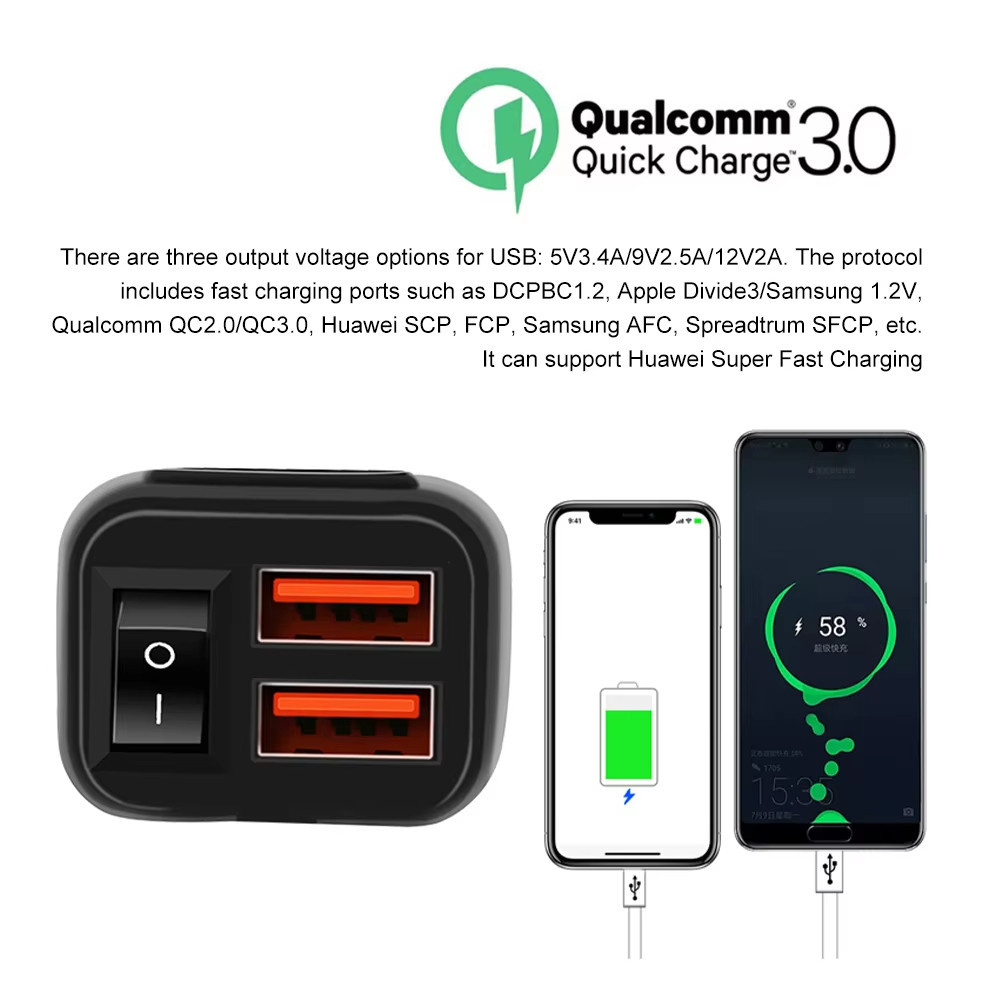 Bộ sạc xe máy QC3.0 USB kép Bộ sạc nhanh Bộ chuyển đổi nguồn Ổ cắm có công tắc Vôn kế kỹ thuật số chống nước Phụ kiện Moto