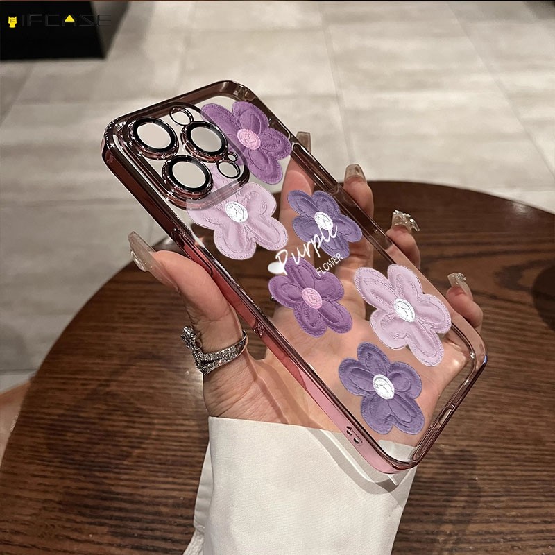 Tương Thích Cho iPhone 15 14 Plus 13 12 Mini 11 Pro Max Ốp Điện Thoại Màu Tím Tranh Sơn Hoa Hoa Mạ Hoa Sang Trọng Sáng Bóng Vỏ Mềm Ốp Lưng Ốp Lưng