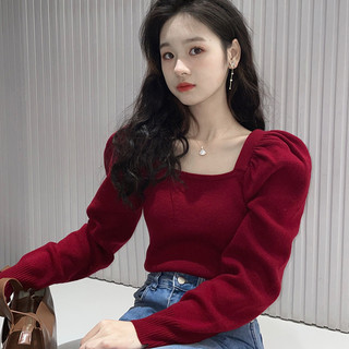 Áo mặc trong tay phồng cổ vuông màu đỏ áo len dệt kim xương đòn phong cách Hàn Quốc mùa thu đông cho nữ