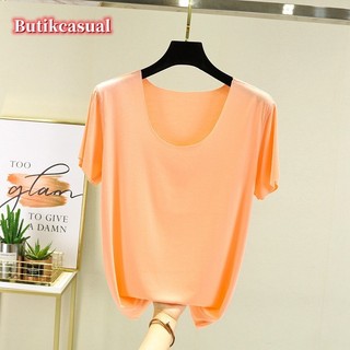 Áo thun nữ modal cotton tay ngắn mùa xuân hè 2024 dáng rộng cổ chữ U Plus Size