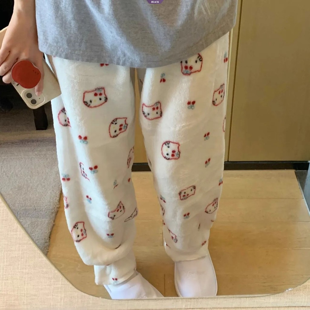 Dễ Thương Hello Kitty In Hình Quần Ấm Áp Đệm Dày Rời Thẳng Sinh Viên Mùa Đông Flannel Nhà Quần [BL]