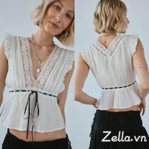 Nữ Ren Chắp Vá Xe Tăng Áo Mùa Hè Lông Tơ Tay Ruffle Hem Dây Buộc Trước Babydoll Vest