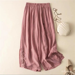 Quần vải lanh cotton mỏng co giãn dành cho nữ, họa tiết thêu retro, phù hợp mùa hè 2025