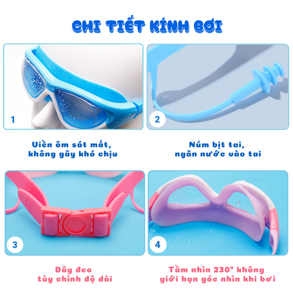 Kính bơi trẻ em từ 3-15 tuổi, silicon cao cấp, có nút bịt tai, chống nước và chống sương mù HD