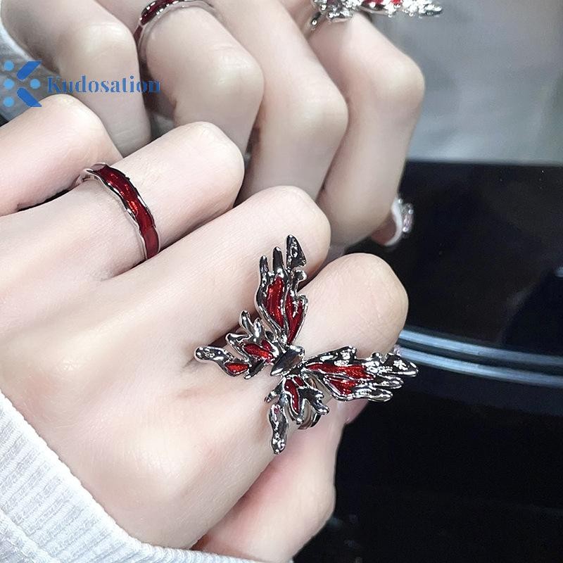 Kudosation Punk Gothic Nhẫn Đỏ Vintage Ánh Sáng Sang Trọng Mở Có Thể Điều Chỉnh Nhẫn Ngón Tay Phong Cách Pháp Cá Tính Đảng Món Quà Trang Sức