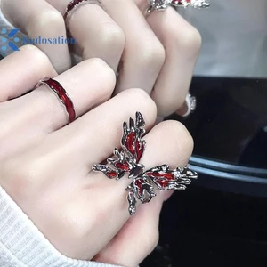 Kudosation Punk Gothic Nhẫn Đỏ Vintage Ánh Sáng Sang Trọng Mở Có Thể Điều Chỉnh Nhẫn Ngón Tay Phong Cách Pháp Cá Tính Đảng Món Quà Trang Sức