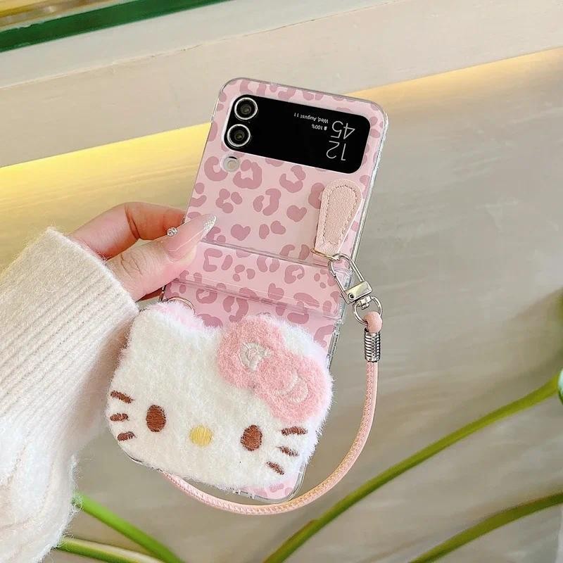 Thích Hợp Cho Samsung Galaxy ZFlip6 3D Hoạt Hình Dễ Thương Sanrio Kitty Da Báo Lông Tơ Sang Trọng Ốp Lưng Điện Thoại Cho ZFlip 5 6 4 3 5G Có Dây Bảo Vệ Vỏ Chống Sốc