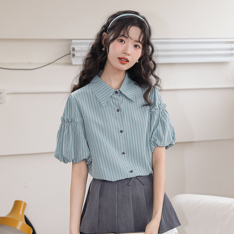 Mutu Pháp Retro Sọc Puff Tay Áo Sơ Mi Nữ Mùa Hè 2026 Phong Cách Mới Thiết Kế Cao Cấp Niche Top
